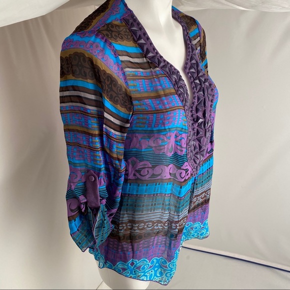 Hale Bob sheer silk purple multicolor bead v-neck top - Picture 2 of 11